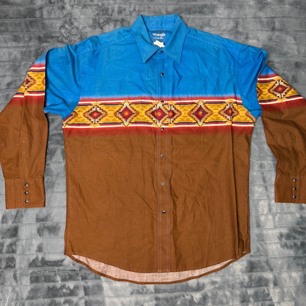 Wrangler Western Shirt Mens Large Blue Brown Aztec Geometric Snap MC1018M